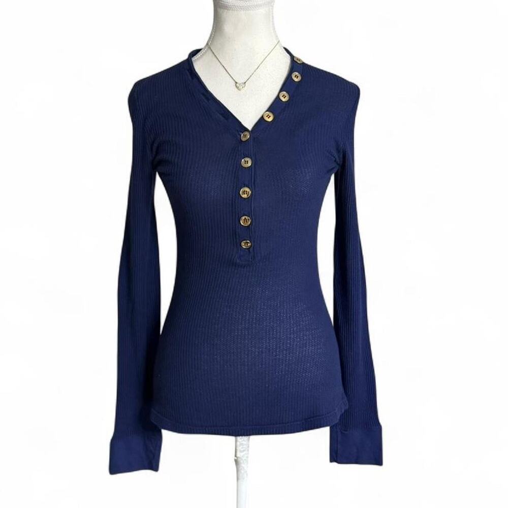 Mimi & CoCo Luxury Brand Made In Italy Blue Gold Button Henley Fitted Size Small